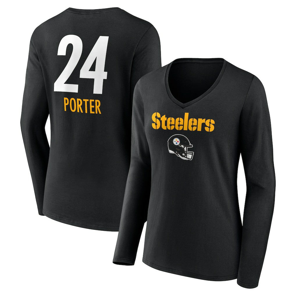 Joey Porter Jr. Pittsburgh Steelers Women's Team Wordmark Player Name & Number Long Sleeve V-Neck T-Shirt Black