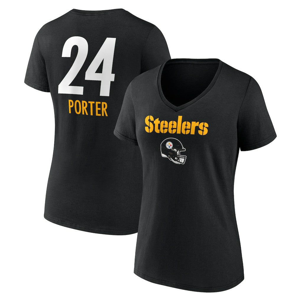 Joey Porter Jr. Pittsburgh Steelers Women's Team Wordmark Player Name & Number V-Neck T-Shirt Black