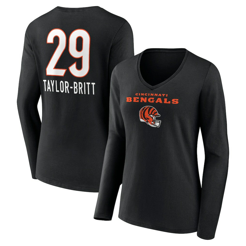 Cam Taylor-Britt Cincinnati Bengals Women's Team Wordmark Player Name & Number Long Sleeve V-Neck T-Shirt Black