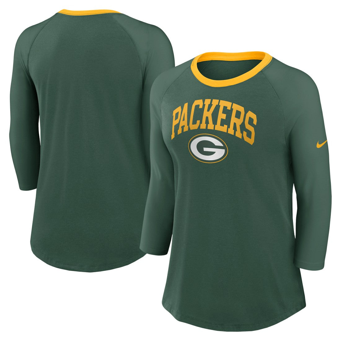 Green Bay Packers Women's 3/4 Sleeve Raglan Fashion Top Green