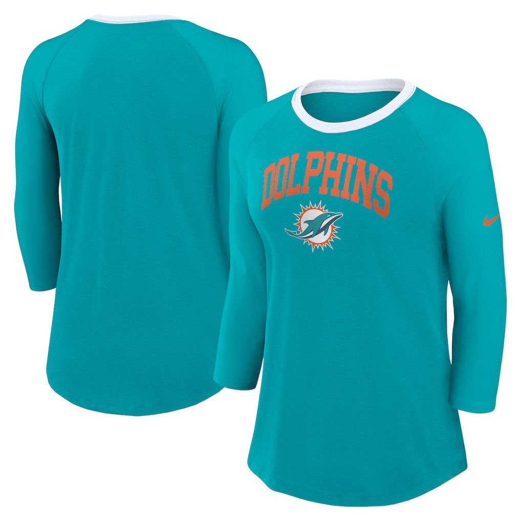 Miami Dolphins Women's 3/4 Sleeve Raglan Fashion Top Aqua