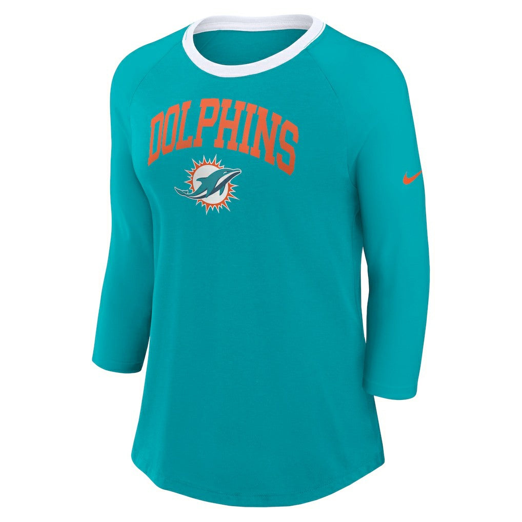 Miami Dolphins Women's 3/4 Sleeve Raglan Fashion Top Aqua