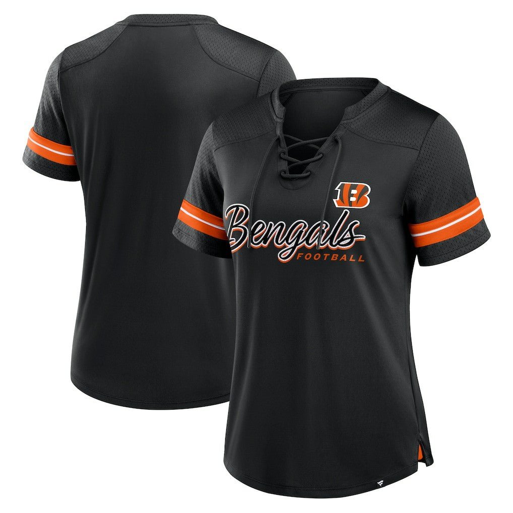 Cincinnati Bengals Women's Play Script Lace-Up T-Shirt Black
