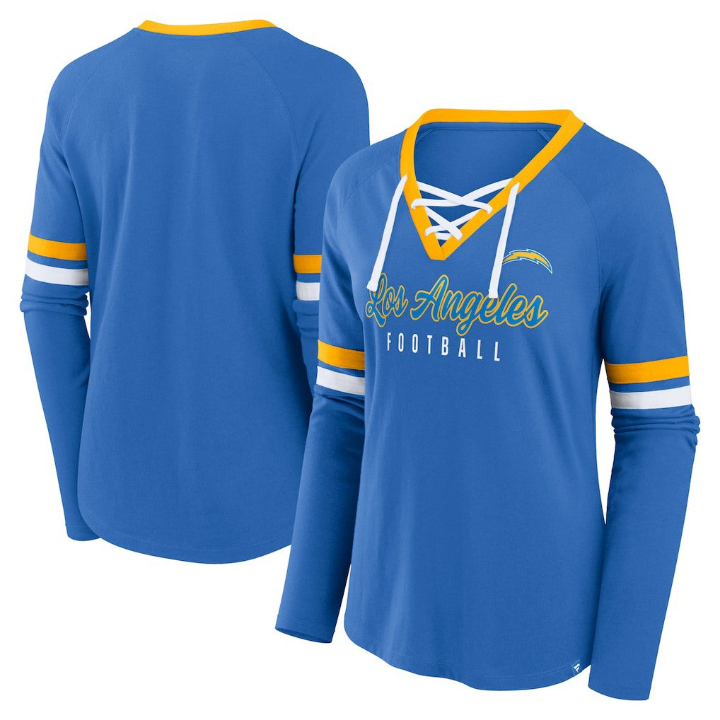 Los Angeles Chargers Women's Won and Done Lace-Up Long Sleeve Fashion Top Powder Blue