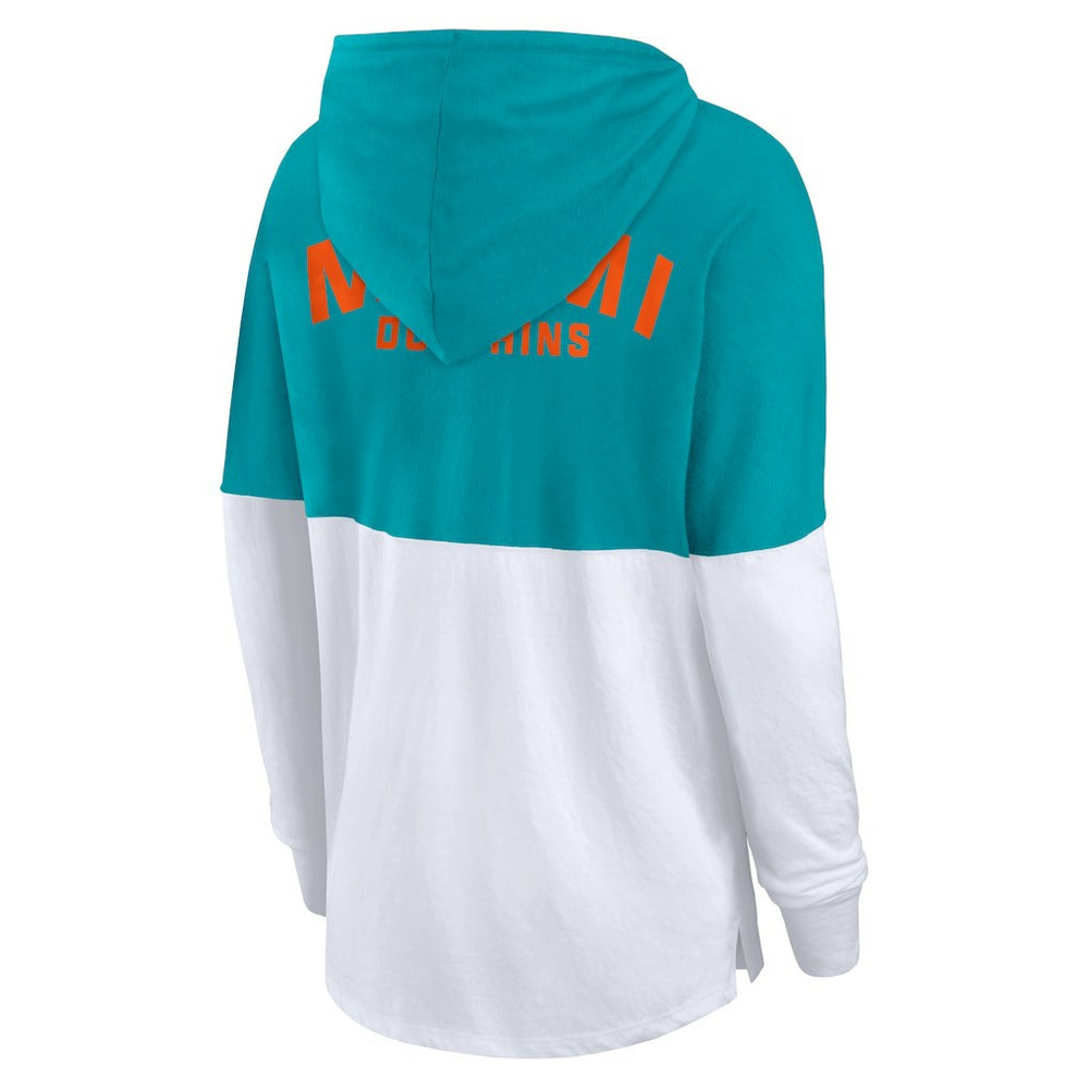 Miami Dolphins Women's Backup Option Long Sleeve Hoodie T-Shirt Aqua/White