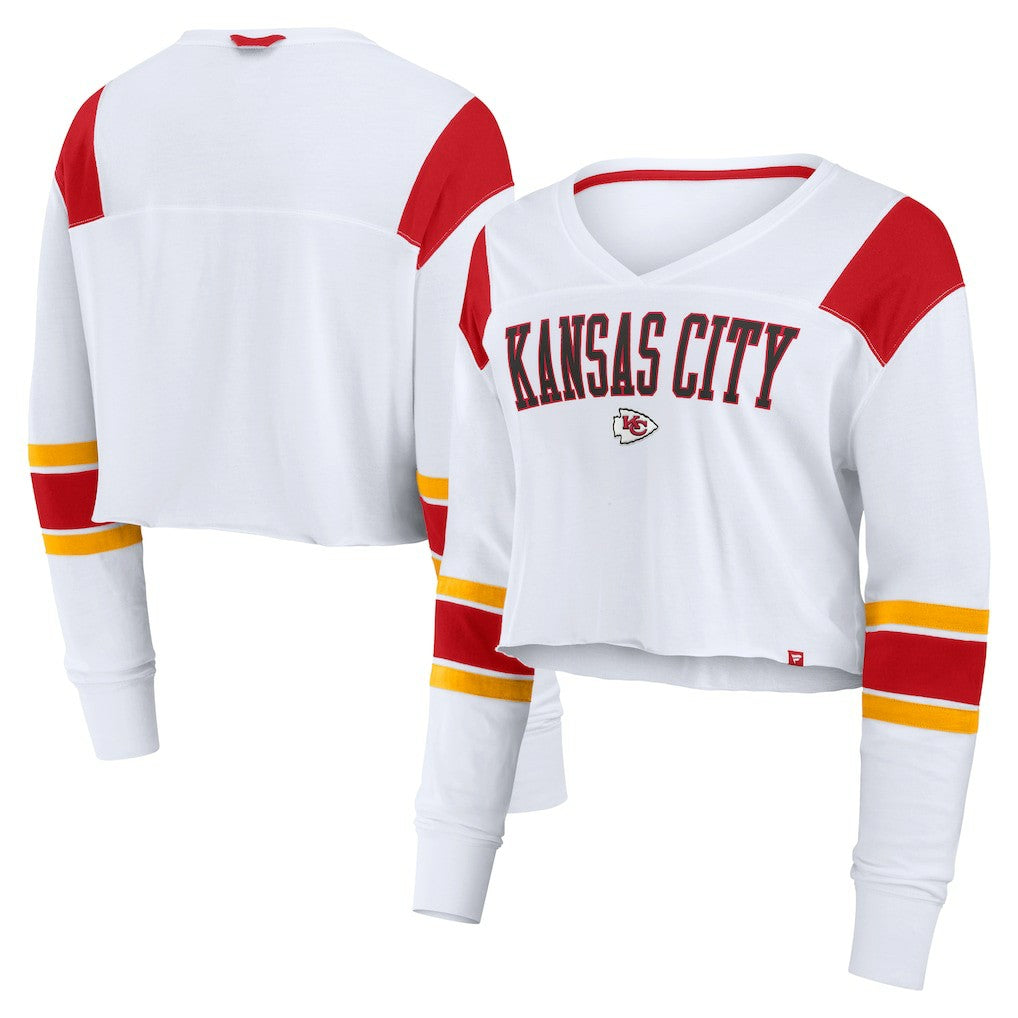 Kansas City Chiefs Women's Stretch Cropped Fashion Long Sleeve T-Shirt White