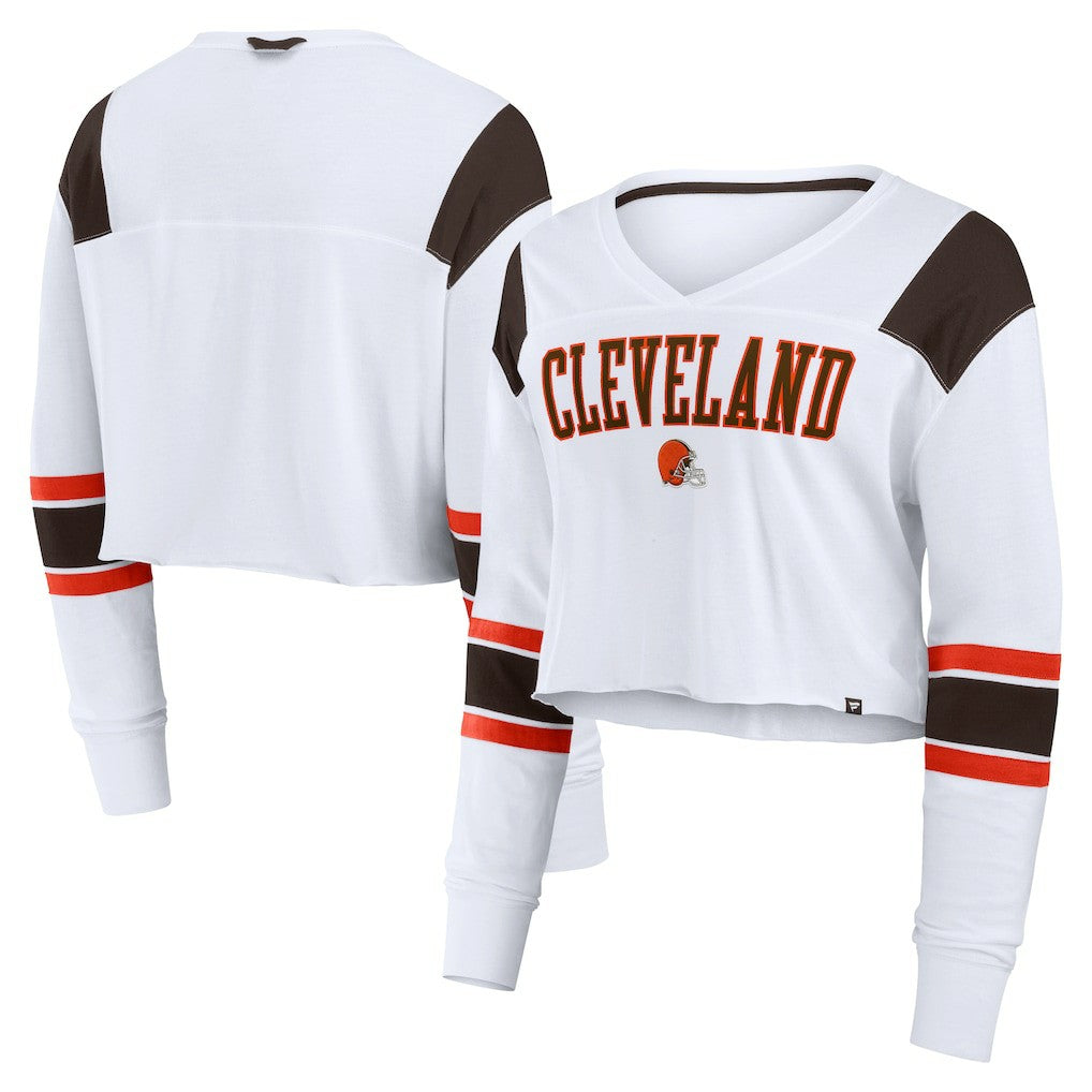 Cleveland Browns Women's Stretch Cropped Fashion Long Sleeve T-Shirt White