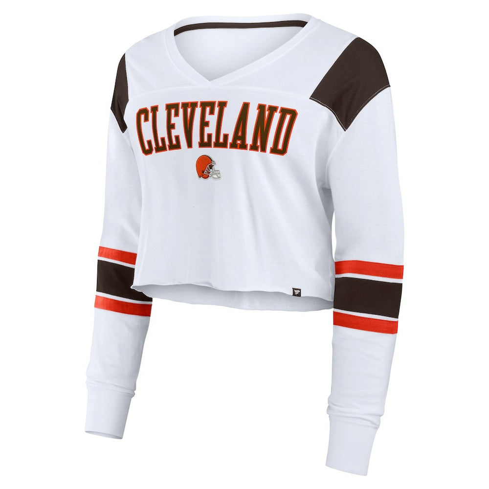 Cleveland Browns Women's Stretch Cropped Fashion Long Sleeve T-Shirt White