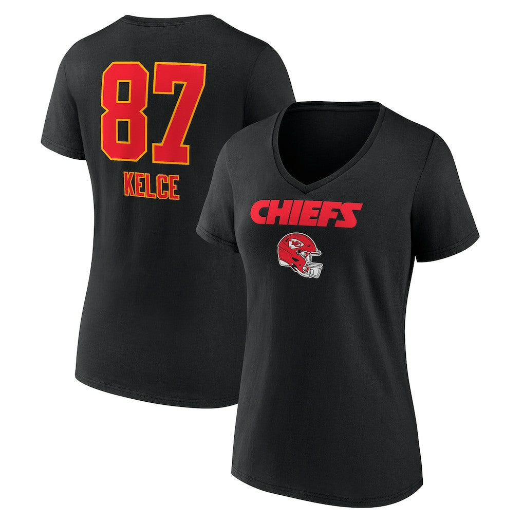 Travis Kelce Kansas City Chiefs Women's Team Wordmark Player Name & Number V-Neck T-Shirt Black