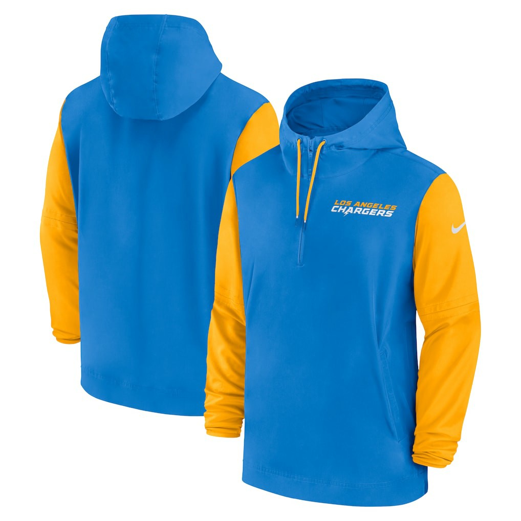 Los Angeles Chargers 2024/25 Sideline Pre-Game Player 1/2-Zip Hoodie Jacket Powder Blue/Gold