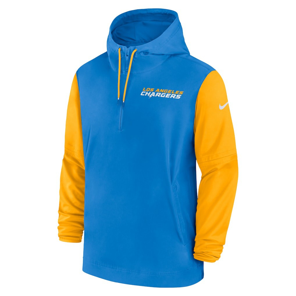 Los Angeles Chargers 2024/25 Sideline Pre-Game Player 1/2-Zip Hoodie Jacket Powder Blue/Gold