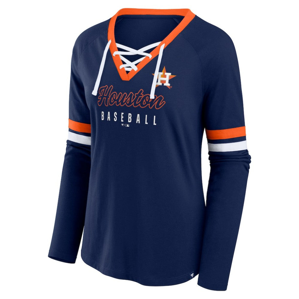 Houston Astros Fanatics Women's Won & Done Raglan Lace-Up Long Sleeve T-Shirt - Navy T-shirts