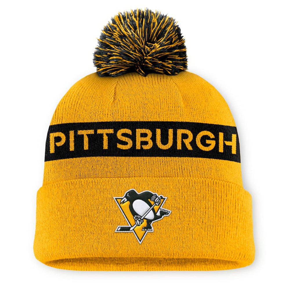 NHL Pittsburgh Penguins Fanatics Women's Authentic Pro Rink Cuffed Knit Hat with Pom - Gold/Black