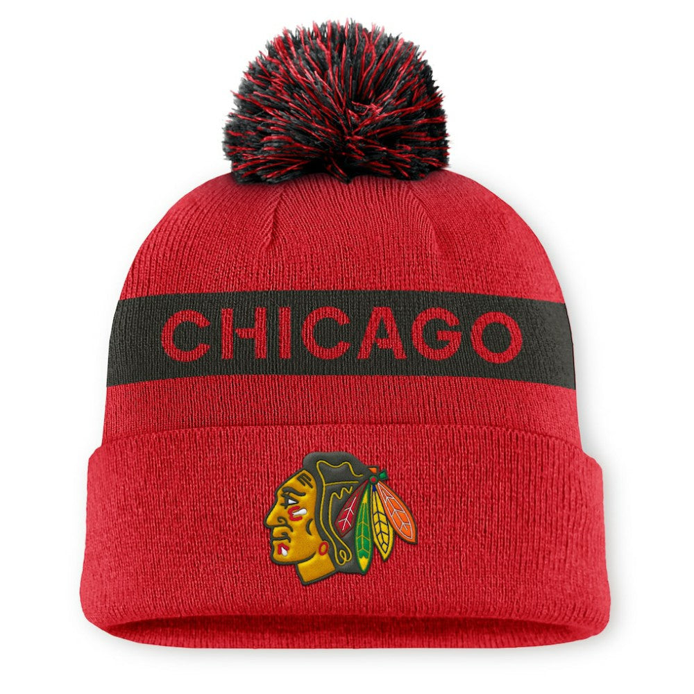 NHL Chicago Blackhawks Fanatics Women's Authentic Pro Rink Cuffed Knit Hat with Pom - Red/Black