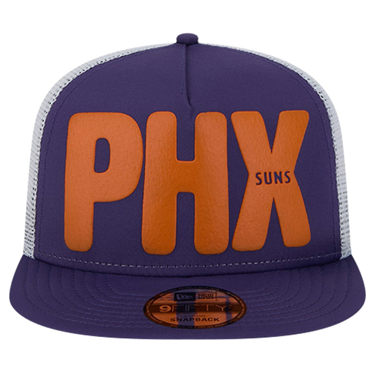 Phoenix Suns Puff Print Team Code A-Frame 9FIFTY Trucker Snapback Hat Purple