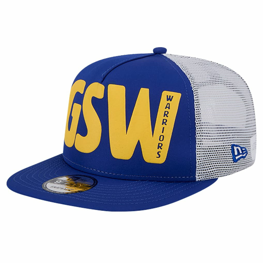Golden State Warriors Puff Print Team Code A-Frame 9FIFTY Trucker Snapback Hat Royal