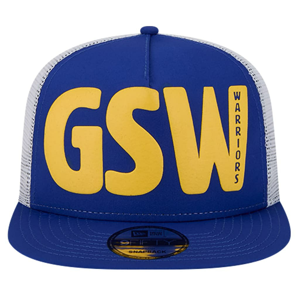 Golden State Warriors Puff Print Team Code A-Frame 9FIFTY Trucker Snapback Hat Royal