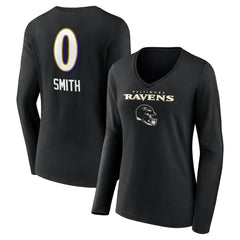 Roquan Smith Baltimore Ravens Women's Team Wordmark Player Name & Number Long Sleeve V-Neck T-Shirt Black