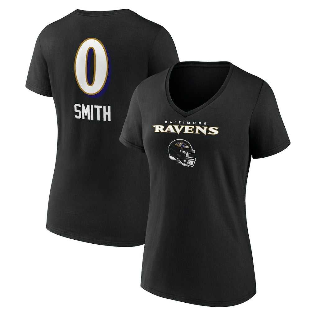Roquan Smith Baltimore Ravens Women's Team Wordmark Player Name & Number V-Neck T-Shirt Black
