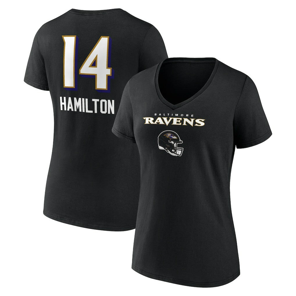 Kyle Hamilton Baltimore Ravens Women's Team Wordmark Player Name & Number V-Neck T-Shirt Black
