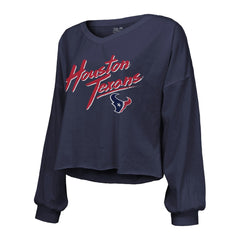 C.J. Stroud Houston Texans Majestic Threads Women's Name & Number Script Off-Shoulder Cropped Long Sleeve T-Shirt Navy