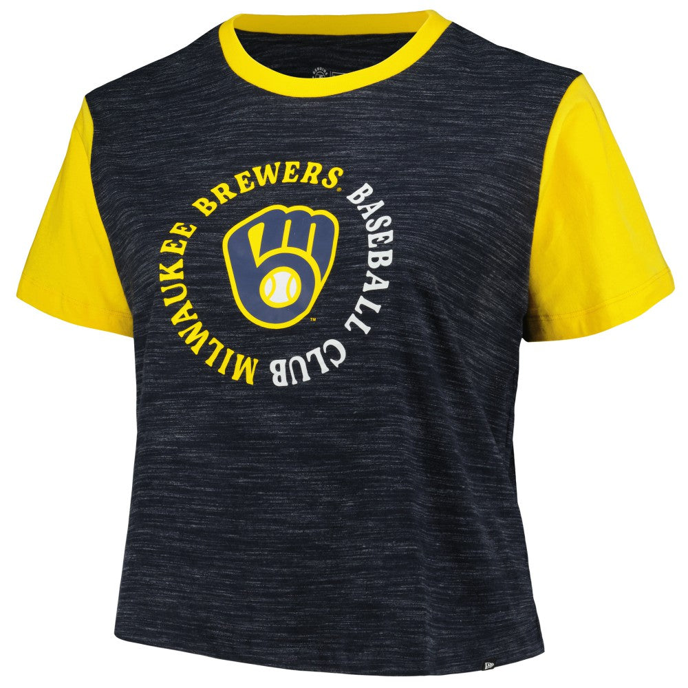 Milwaukee Brewers New Era Women's Plus Size Crossover Back Cropped T-Shirt - Navy T-shirts