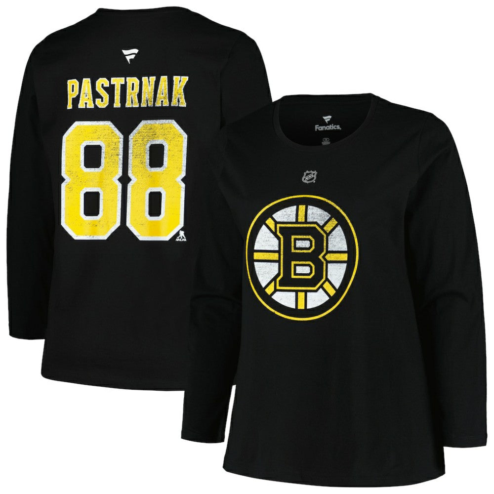 NHL Boston Bruins Profile Women's Plus Size Distressed Printed Name & Number Long Sleeve T-Shirt - Black