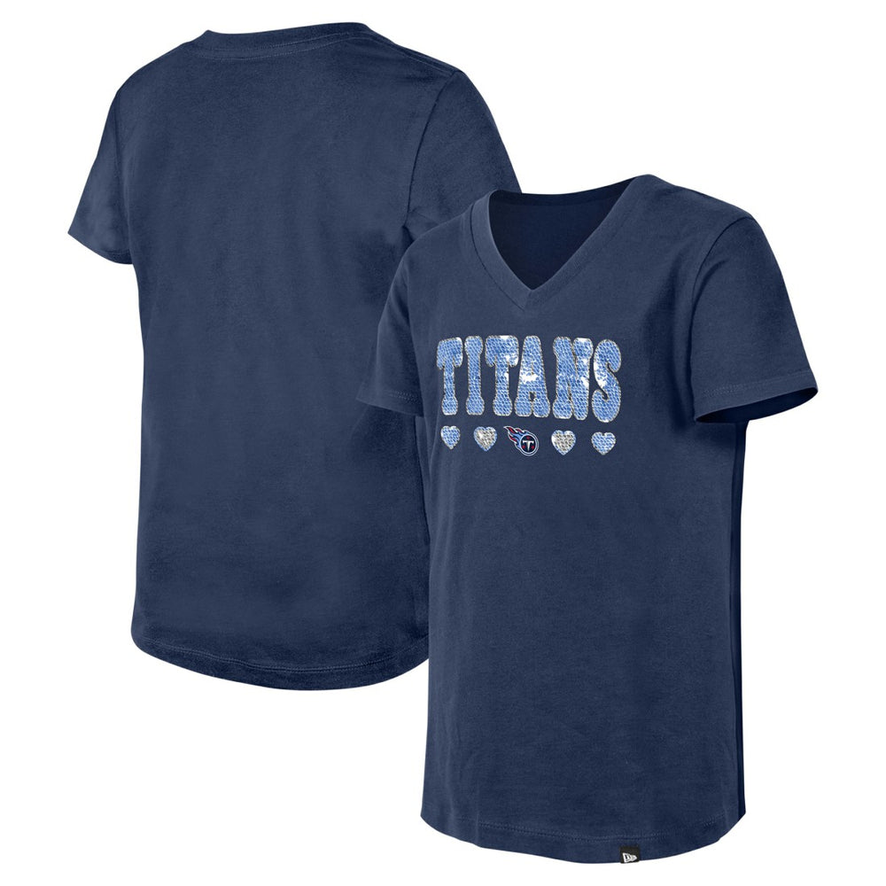 Tennessee Titans New Era Girls Youth Flip Sequin V-Neck T-Shirt Navy