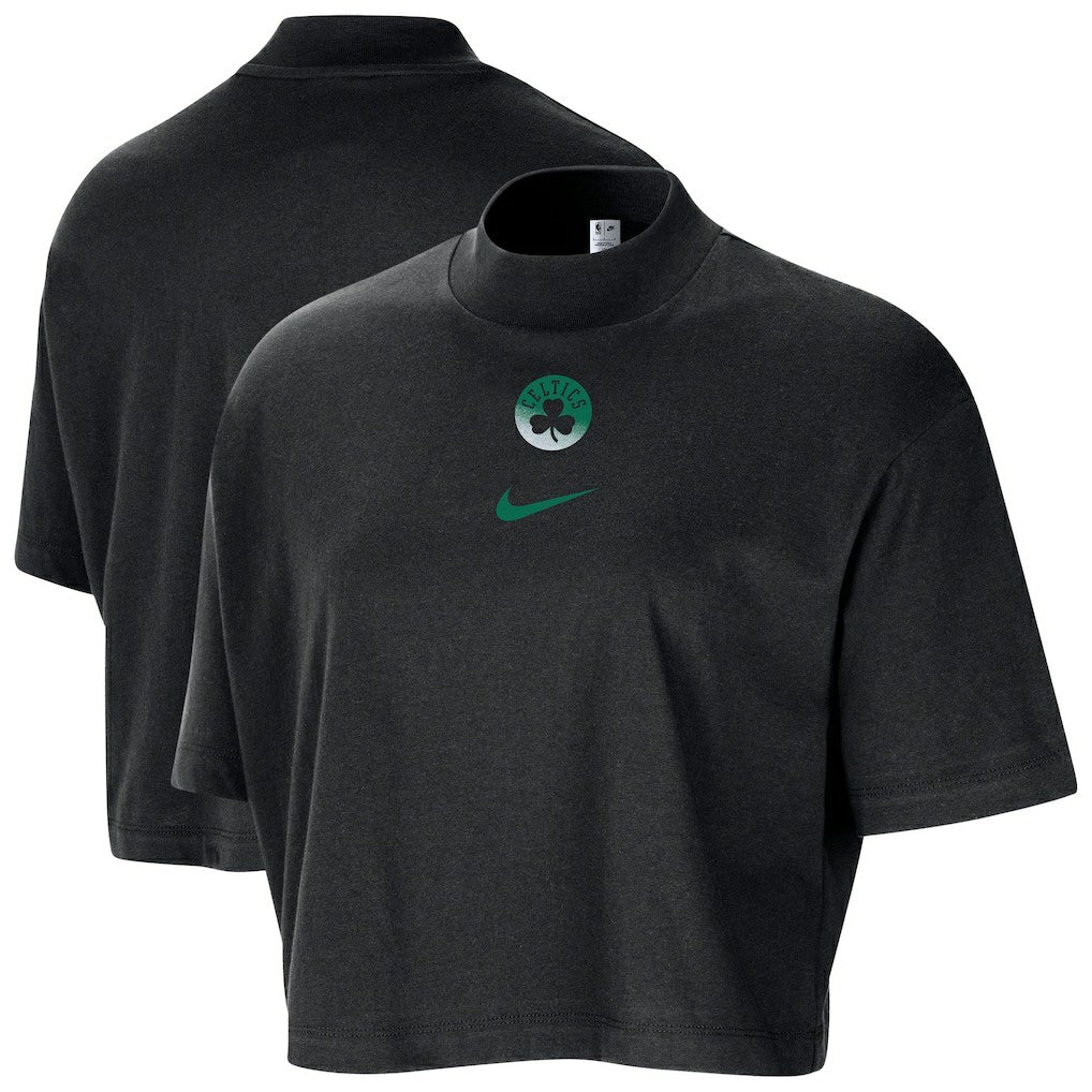 Boston Celtics Women's Courtside Mock Neck Loose Fit Cropped T-Shirt Black