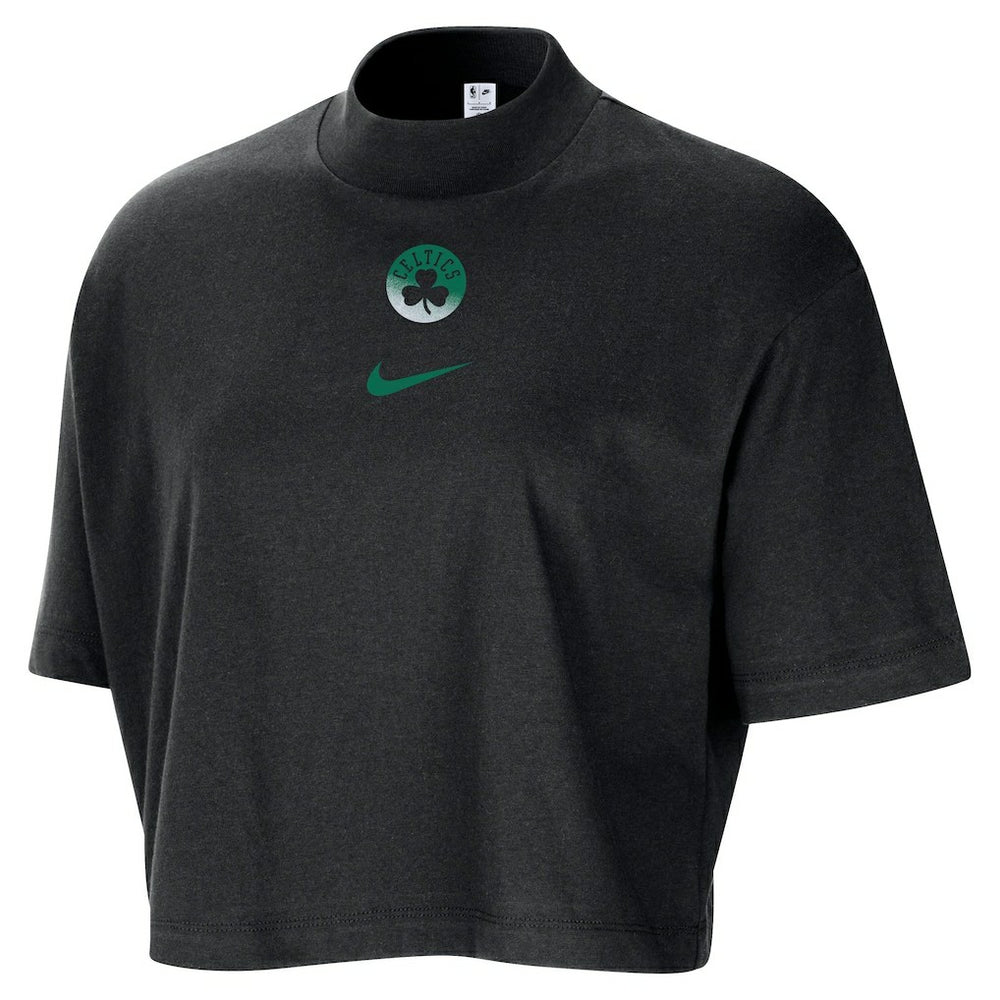 Boston Celtics Women's Courtside Mock Neck Loose Fit Cropped T-Shirt Black