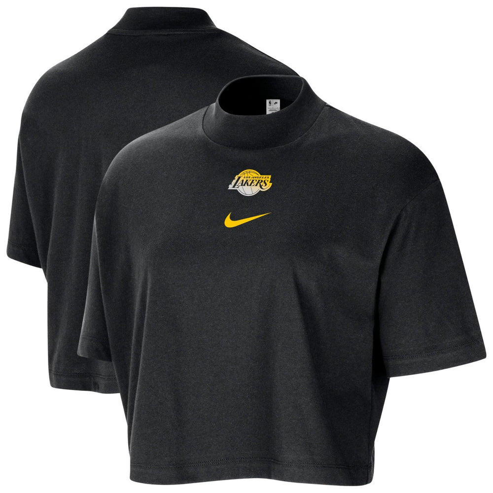 Los Angeles Lakers Women's Courtside Mock Neck Loose Fit Cropped T-Shirt Black