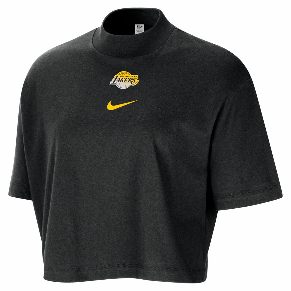 Los Angeles Lakers Women's Courtside Mock Neck Loose Fit Cropped T-Shirt Black