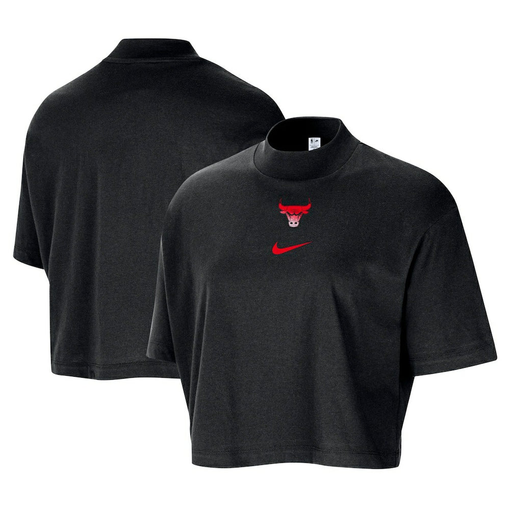 Chicago Bulls Women's Courtside Mock Neck Loose Fit Cropped T-Shirt Black