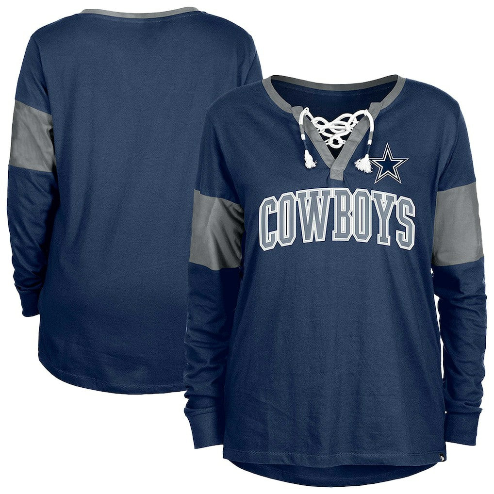 Dallas Cowboys New Era Women's Lace-Up Notch-Neck Long Sleeve T-Shirt Navy