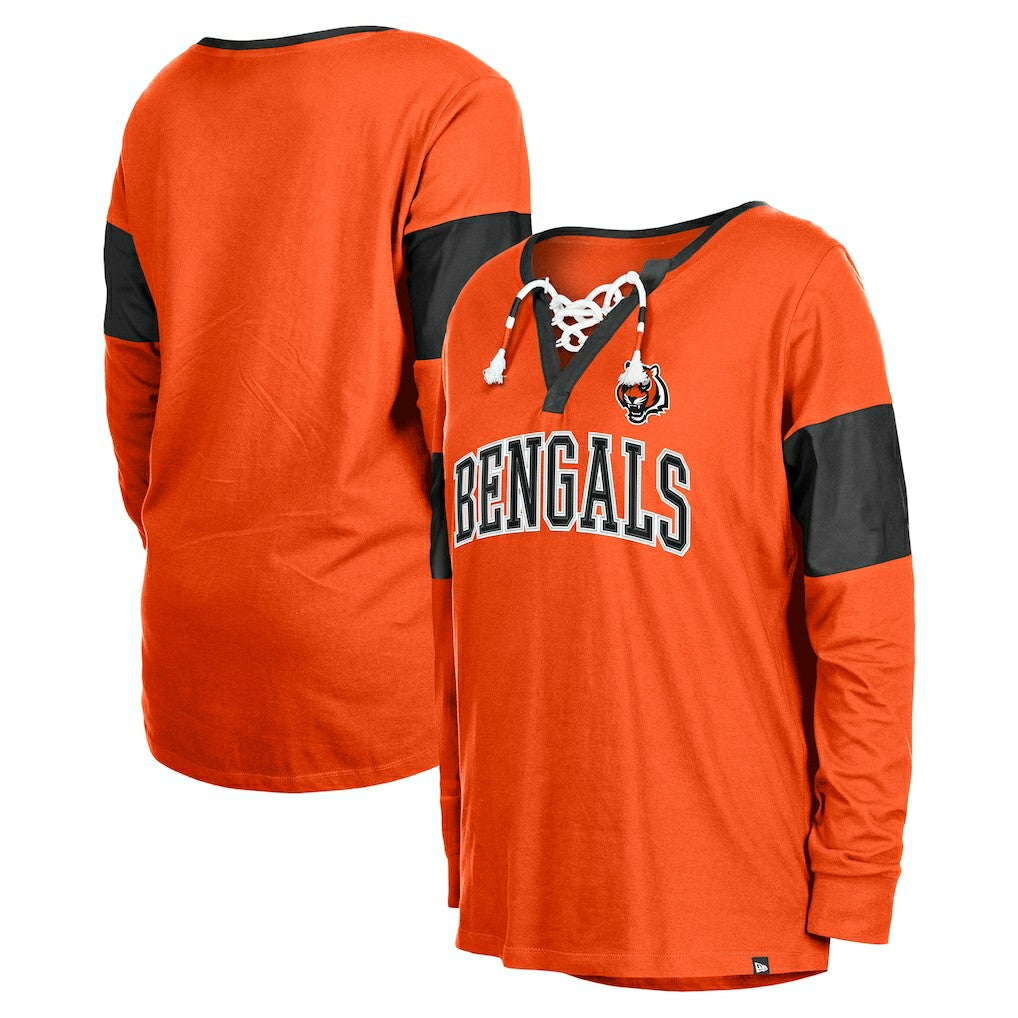 Cincinnati Bengals New Era Women's Lace-Up Notch-Neck Long Sleeve T-Shirt Orange