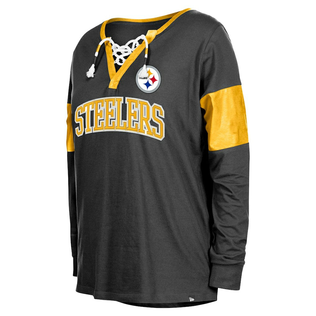 Pittsburgh Steelers New Era Women's Lace-Up Notch-Neck Long Sleeve T-Shirt Black