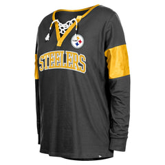 Pittsburgh Steelers New Era Women's Lace-Up Notch-Neck Long Sleeve T-Shirt Black
