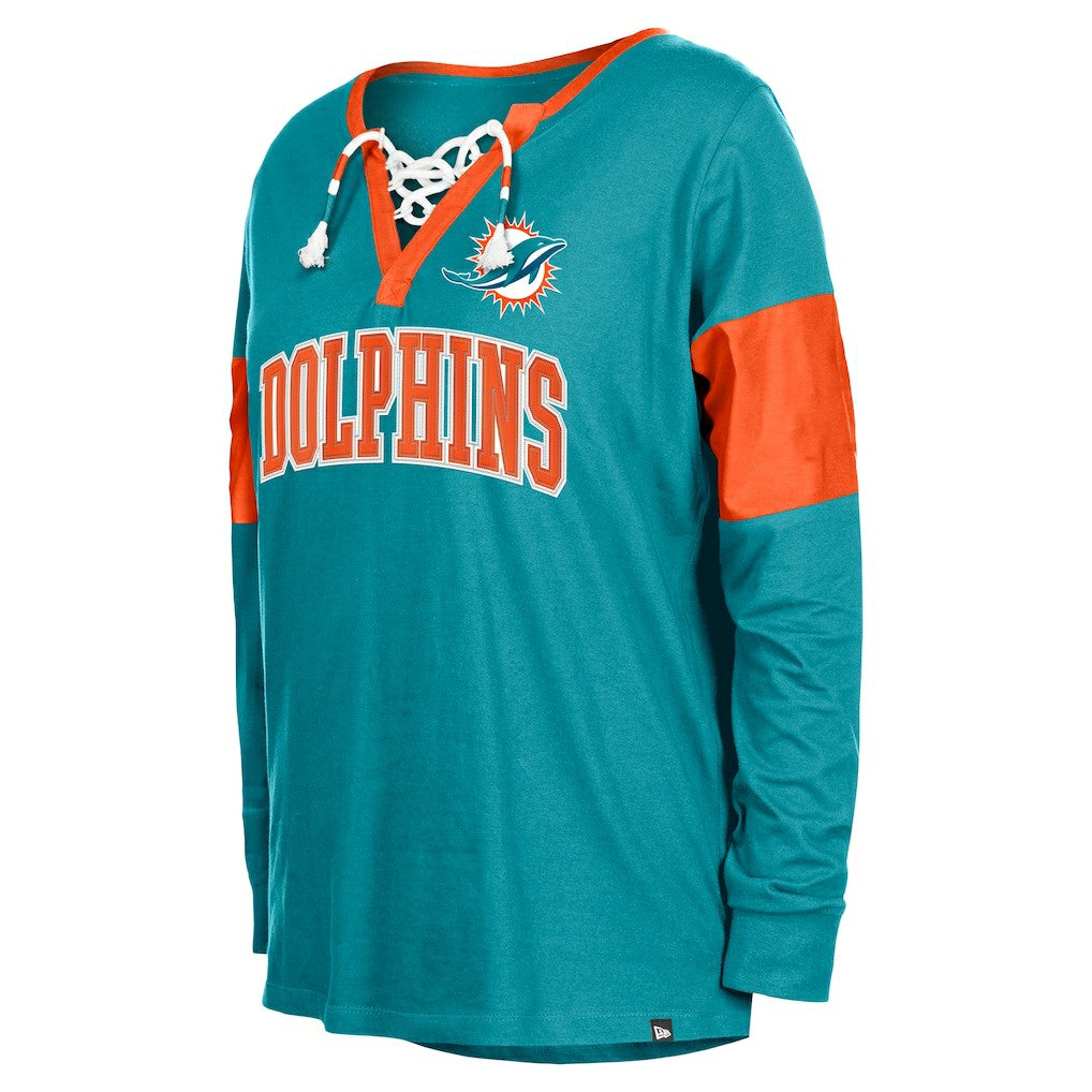 Miami Dolphins New Era Women's Lace-Up Notch-Neck Long Sleeve T-Shirt Aqua