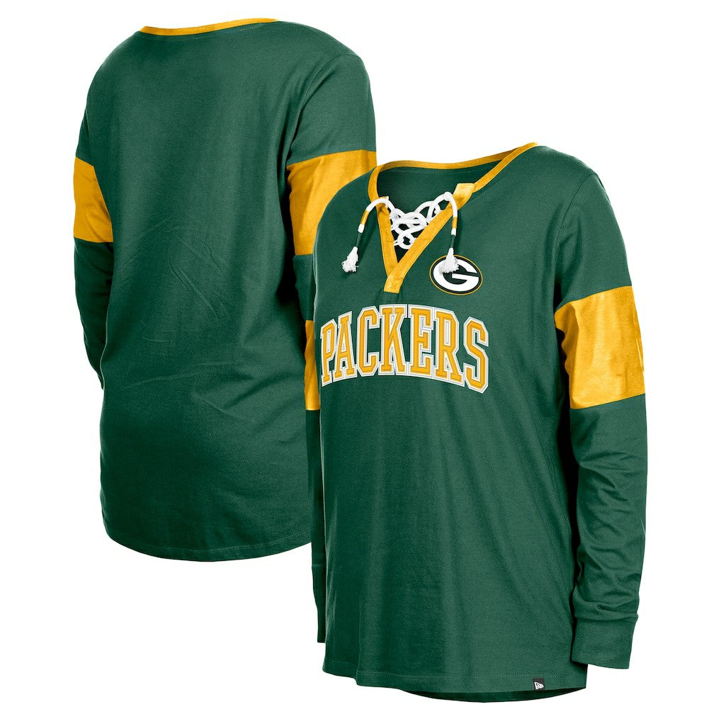 Green Bay Packers New Era Women's Lace-Up Notch-Neck Long Sleeve T-Shirt Green