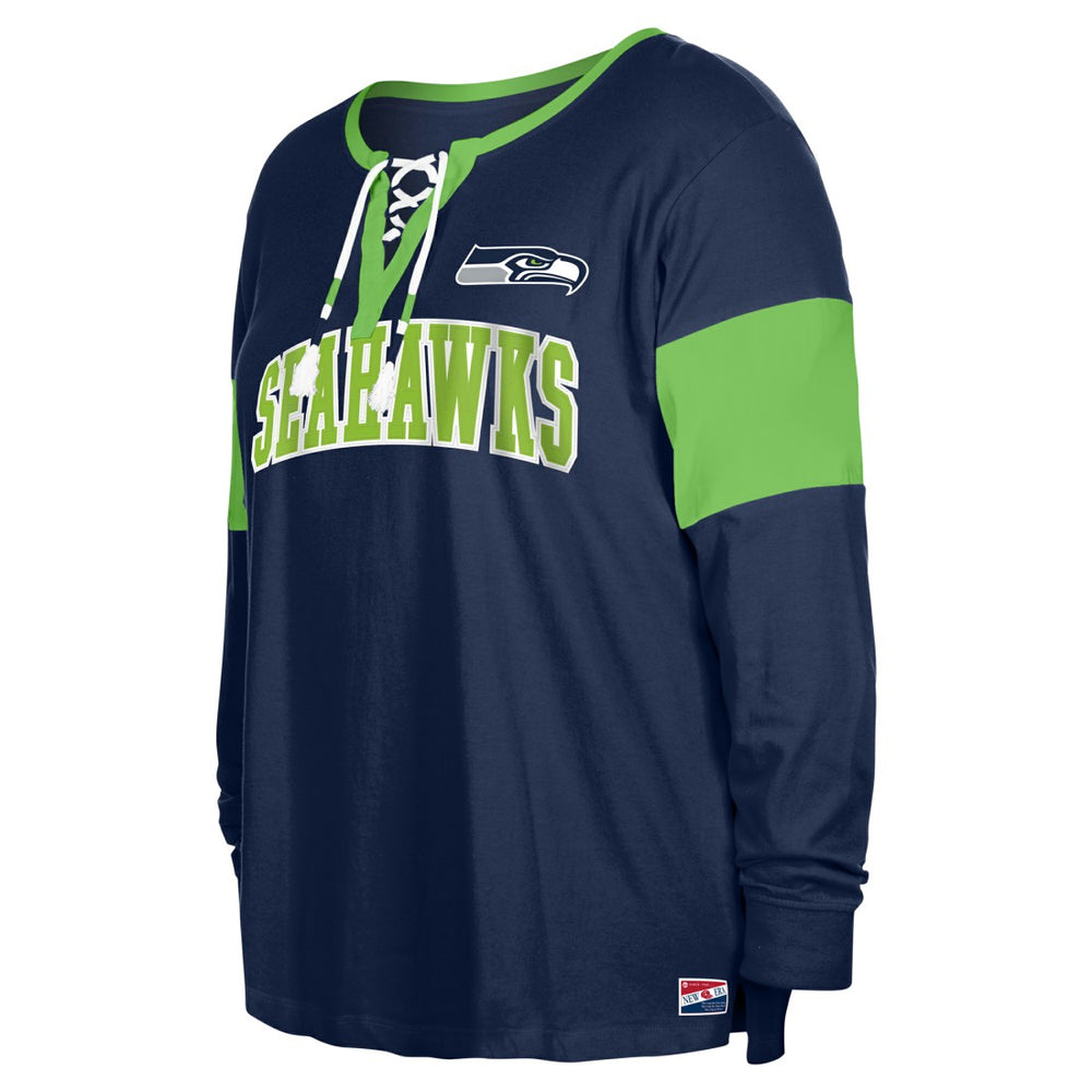 Seattle Seahawks New Era Women's Plus Size Lace-Up Notch Neck Long Sleeve T-Shirt  College Navy