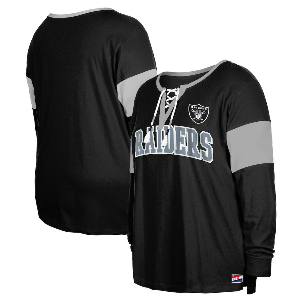 Las Vegas Raiders New Era Women's Plus Size Lace-Up Notch Neck Long Sleeve T-Shirt  Black
