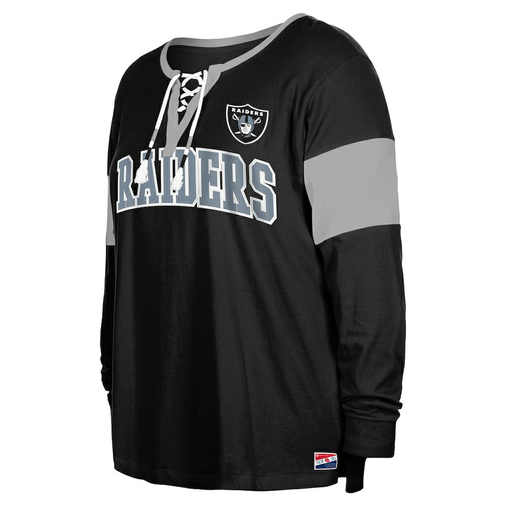 Las Vegas Raiders New Era Women's Plus Size Lace-Up Notch Neck Long Sleeve T-Shirt  Black