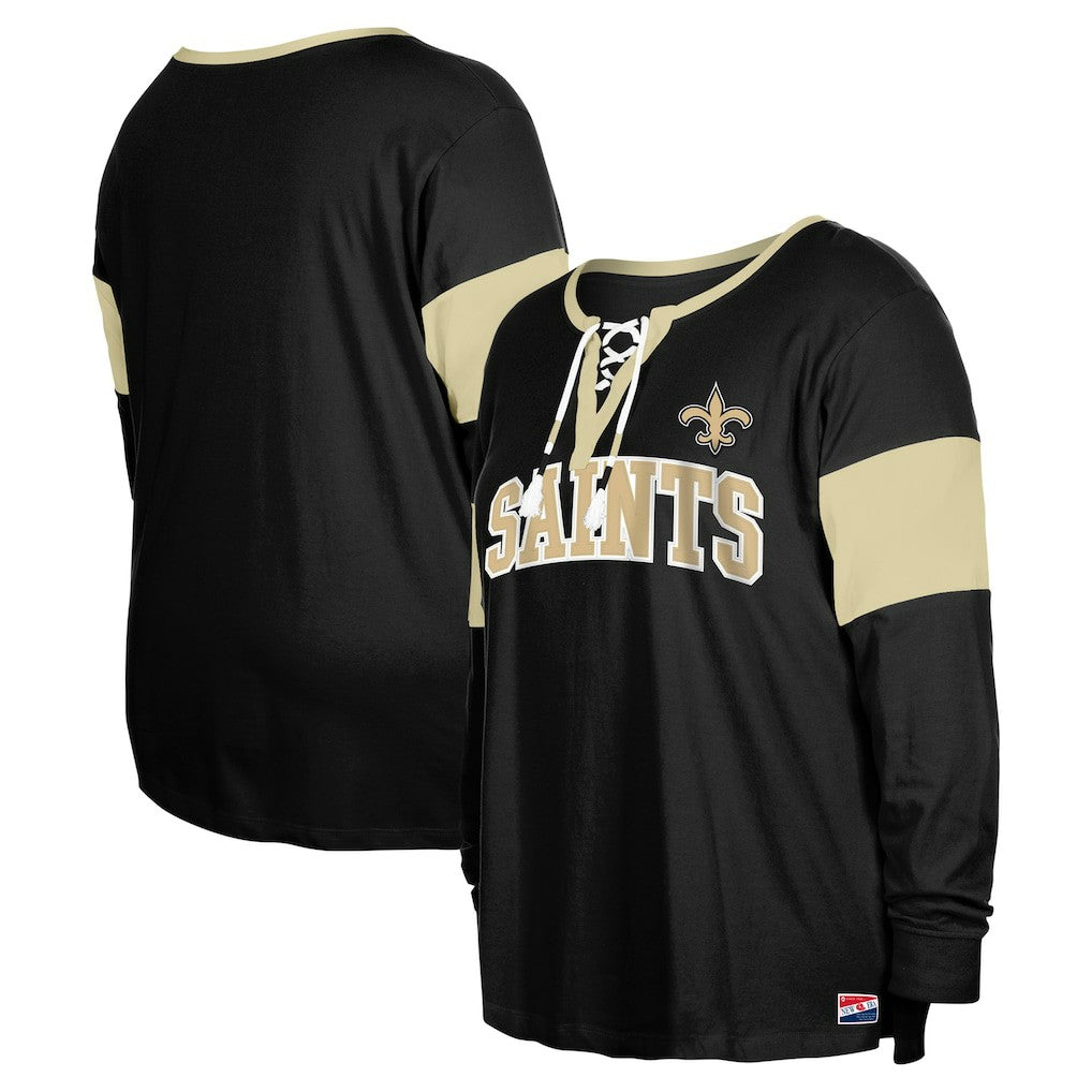 New Orleans Saints New Era Women's Plus Size Lace-Up Notch Neck Long Sleeve T-Shirt  Black