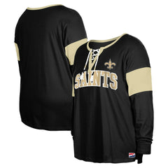 New Orleans Saints New Era Women's Plus Size Lace-Up Notch Neck Long Sleeve T-Shirt  Black