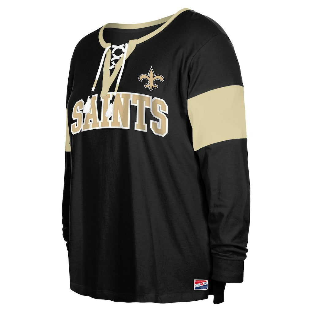 New Orleans Saints New Era Women's Plus Size Lace-Up Notch Neck Long Sleeve T-Shirt  Black