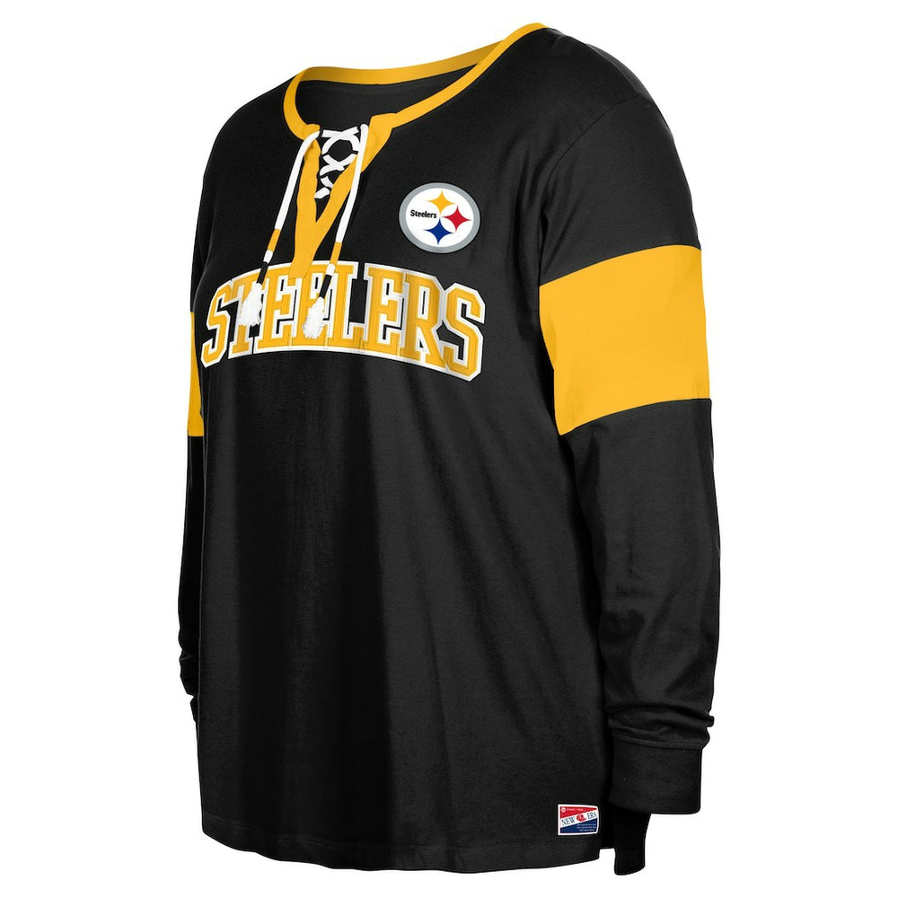 Pittsburgh Steelers New Era Women's Plus Size Lace-Up Notch Neck Long Sleeve T-Shirt  Black