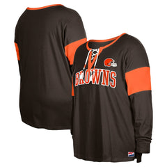 Cleveland Browns New Era Women's Plus Size Lace-Up Notch Neck Long Sleeve T-Shirt  Brown