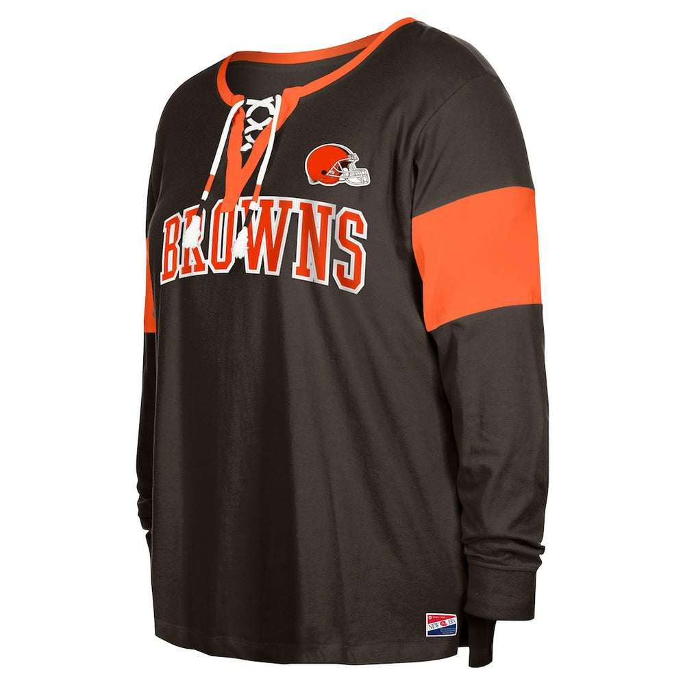 Cleveland Browns New Era Women's Plus Size Lace-Up Notch Neck Long Sleeve T-Shirt  Brown