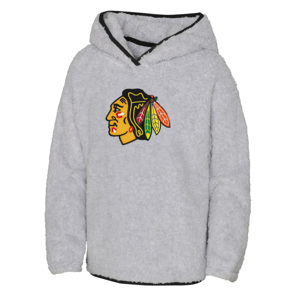 NHL Chicago Blackhawks Girls Youth Ultimate Teddy Fleece Pullover Hoodie - Heather Gray