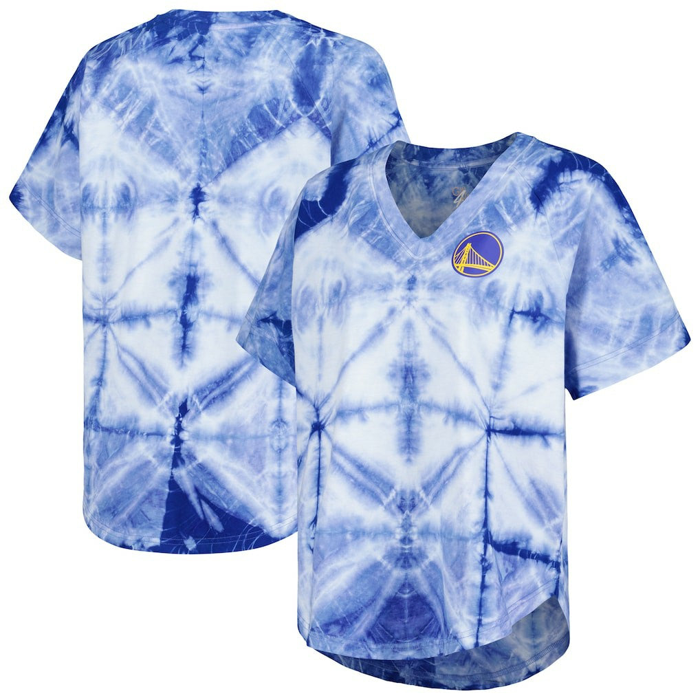 Golden State Warriors G-III 4Her by Carl Banks Women's Tournament Raglan Oversized Tie-Dye V-Neck T-Shirt Royal